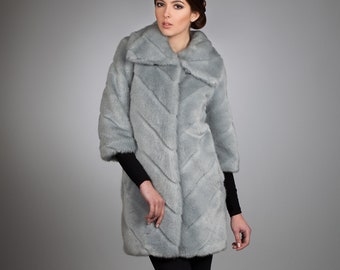 Women coat. Fur coat. Winter coat. Gift for her. Fake fur coat. Faux fur coat mink blue striped slanted by ARTFUR