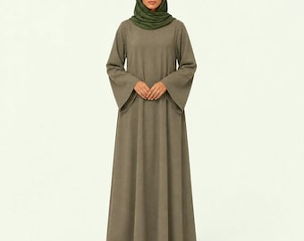Desert Khaki Linen Abaya Flare Sleeve Dress – Women's Middle East Dress – Luxury Flax Kaftan