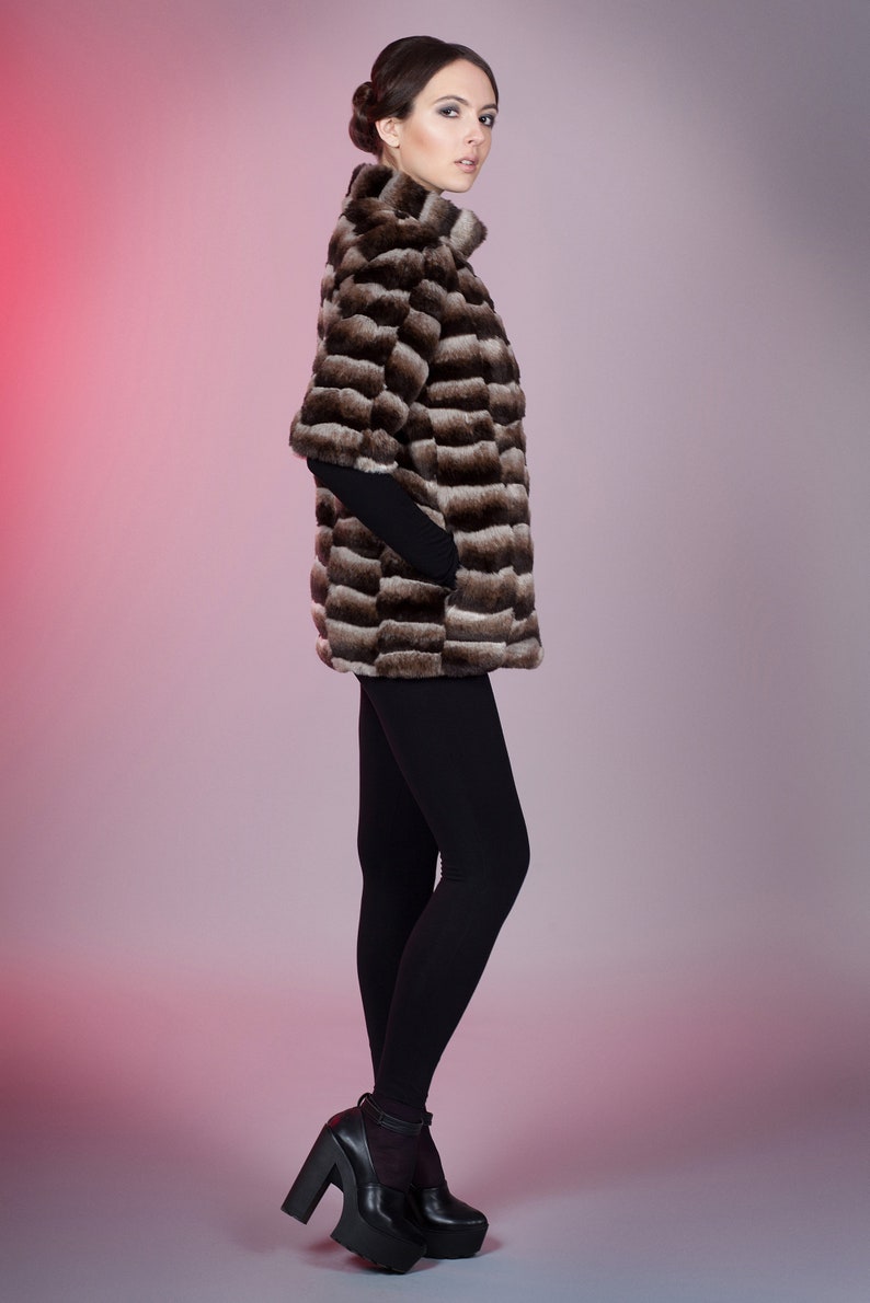 Women jacket Winter jackets Faux fur jacket chinchilla brown chess by ARTFUR Fur jacket Fake fur jacket Gift for her