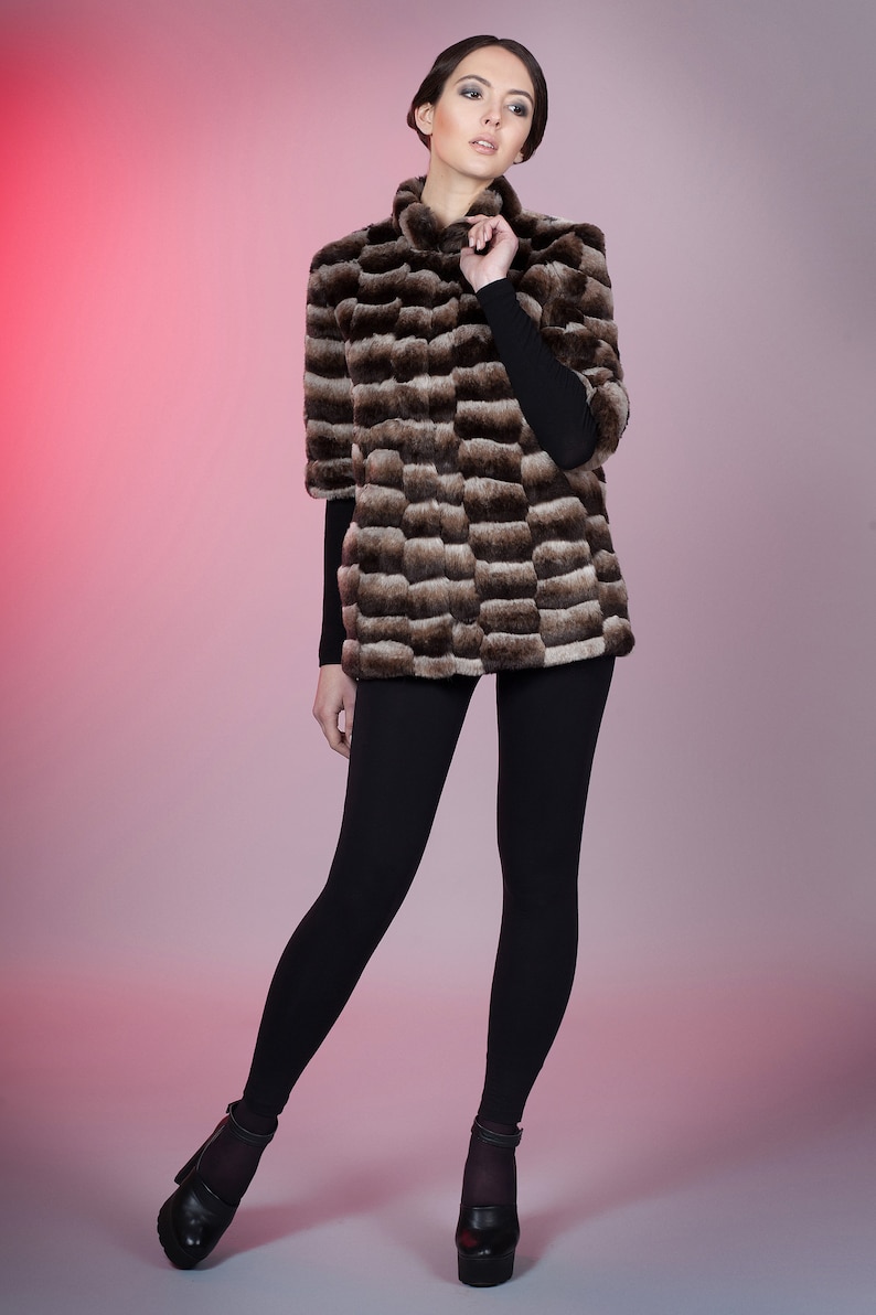 Women jacket Winter jackets Faux fur jacket chinchilla brown chess by ARTFUR Fur jacket Fake fur jacket Gift for her