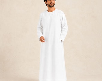 Kaftan de hombre blanco puro – Thobe del Golfo – Caftán hecho a mano – Ropa islámica de lino natural – Kandura emiratí