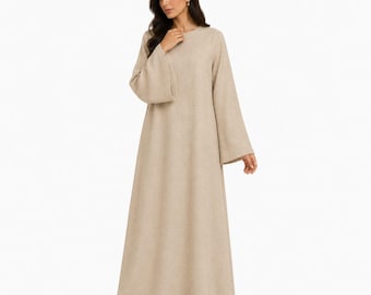 Desert Sand Abaya Dress with Maxi Sleeve – Organic Linen Islamic Dress – Arabian Womens Kaftan