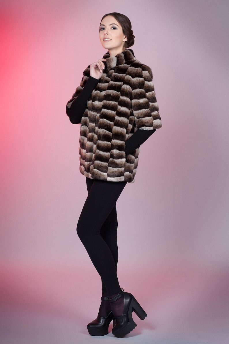 Women jacket Winter jackets Faux fur jacket chinchilla brown chess by ARTFUR Fur jacket Fake fur jacket Gift for her