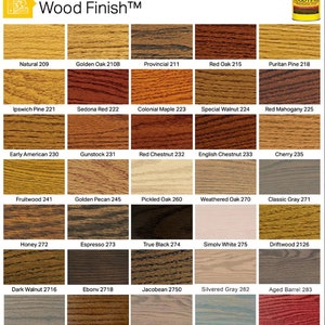 May include: A chart of 30 different wood stain colors from Minwax Wood Finish. The colors are arranged in a grid of five columns and six rows. Each color is labeled with a name and a number. The colors range from light to dark, and from warm to cool.