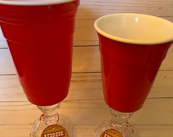Redneck Wine Glass! Hilarious gag gift perfect for white elephant party! Plastic and glass reusable, comes in 2 sizes!