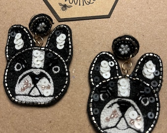 French bulldog seed bead, rice bead earrings!! Perfect for the dog lover!!