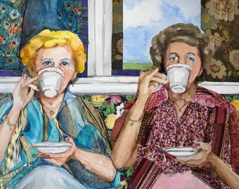 Teatime, Girl Friends Watercolor Painting