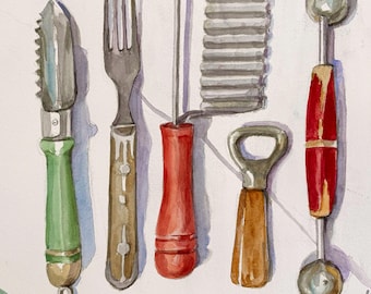 Kitchen Tools Watercolor Painting