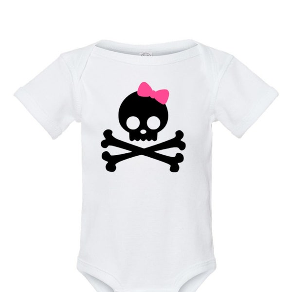 Pink Bow Skull & Cross Bones Girls Punk Rock Baby White Onesie Infant Bodysuit
