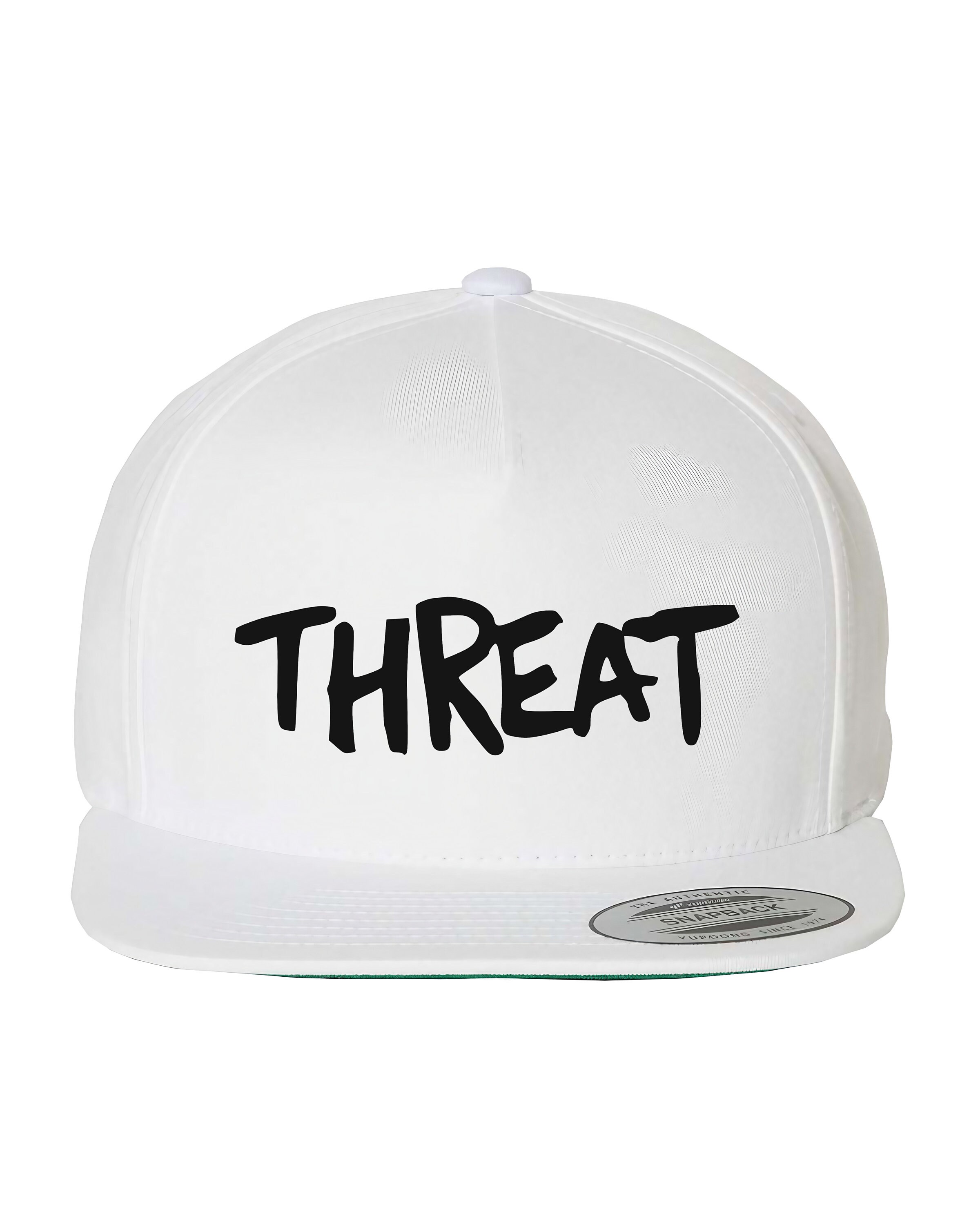 Threat Original Heat Pressed Minor Font Punk Rock Flat Bill Hat - Adult White Twill Snap Back Adjustable Cap