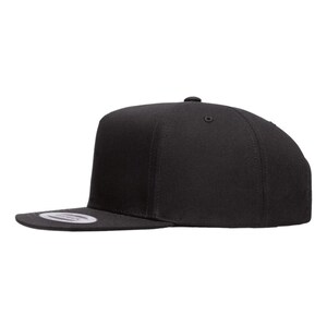 May include: A black flat brimmed baseball cap with a structured crown.