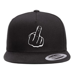 May include: Black and white flat brimmed baseball cap with a white middle finger graphic. The cap has a black adjustable strap with a white plastic buckle.
