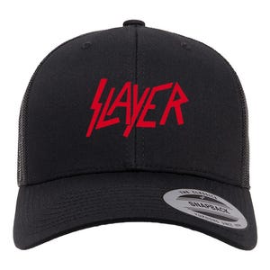 May include: Black and red trucker hat with the word "Slayer" in red lettering on the front. The hat has a mesh back and a black snap closure.