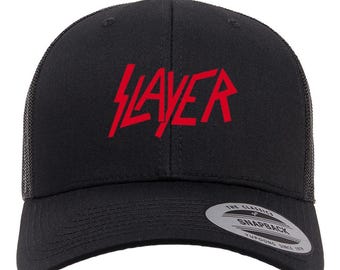 Slayer Thrash Metal Heat Heat Pressed Schwarz auf Schwarz Gebogener Bill Hut - Erwachsene Mesh Trucker Snap Back Cap