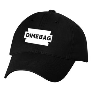 May include: Black baseball cap with a white razor blade graphic and the text "Dimebag" on the front.