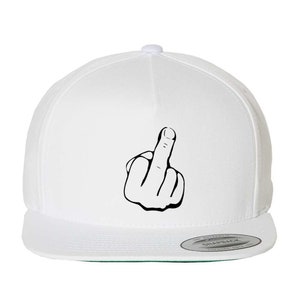 May include: White baseball cap with a black middle finger graphic.