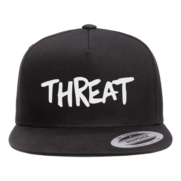 Threat Original Heat Pressed Minor Font Punk Rock Flat Bill Hat - Adult Black Twill Snap Back Adjustable Cap