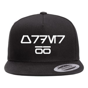 May include: Black and white flat brimmed baseball cap with the text "∆77V7 ∞" in white.
