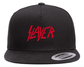 Slayer Thrash Metal Heat Pressed Flat Bill Hat - Adult Black Twill Snap Back Adjustable Cap