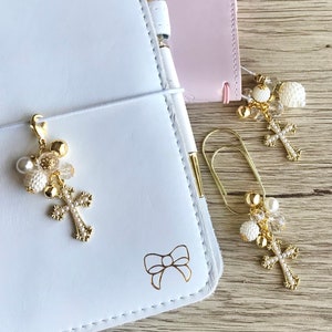Pearl cross bible journal paper clip, planner charms, bookmark