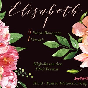 Watercolor set  Pink Flower Bouquets and wreath. High quality hand painted watercolor floral Clipart . Wedding invitations, greetings card