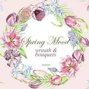 Watercolor clipart spring mood, 8 bouquets , 2 wreath pink, flowers clipart,  wedding invitation, greeting card, floral clipart