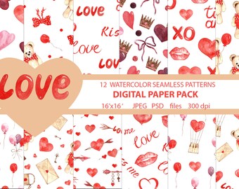 Set of 12 high quality hand painted watercolor patterns LOVE( hearts, arrows, bears, font).  Love Clipart, Valentine's Day Clipart,