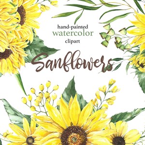 Clipart de girassóis: 6 buquês de aquarela, clipart de flores, convite de casamento, cartão de felicitações, outono, composição