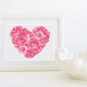 Pink Rose heart watercolor art prints.  Heart watercolor painting mother day&#39;s gifts, wedding gifts, anniversary gift DIGITAL DOWNLOAD