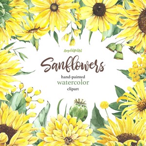 Girassóis 32 Elementos aquarela, clipart de flores, convite de casamento, cartão de felicitações, flores amarelas de outono, folhas. download instantâneo