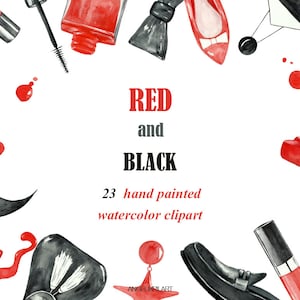 Fashion Watercolor Clipart red and black. 23 Hand painted elements: shoes, bags, sunglasses, accessories, necklaces, hats,  beauty