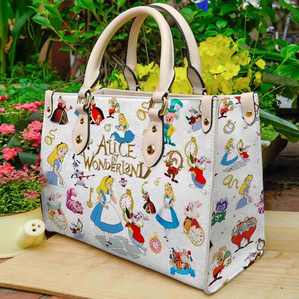 Alice In Wonderland Leather Handbag, Cute Alice With Friends Women Handbag, Personalized Leather bag,Love Disney,Disney Handbag,Handmade Bag