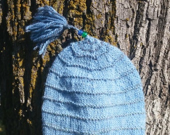 Light Blue Baby Cap Hand Spun Merino Llama Beaded Tassel Unisex Beanie