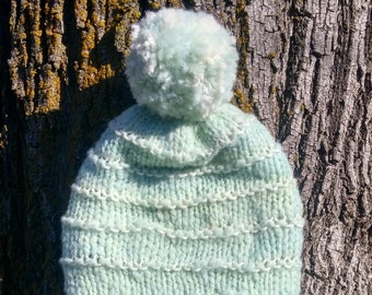 Hand Knit Hand spun Merino / Llama Mint Baby Cap Pom Pom Polar Fleece Lined