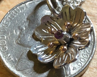 Argentium Sterling Silver Sakura Flower with 14k stamens and 2mm pink sapphire