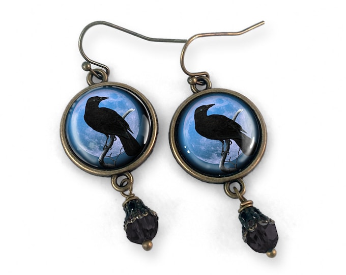 Midnight Crows Earrings- reverse decoupage glass cabochons in nickel- free brass findings