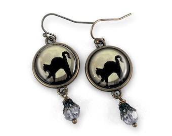 Black Cat on Full Moon Vintage Inspired Drop / Dangle Earrings