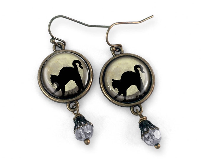 Black Cat on Full Moon Vintage Inspired Drop / Dangle Earrings