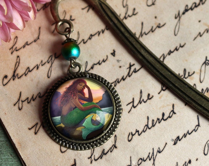 Mermaid with Green Tail Fairytale Inspired Glass Cabochon Brass Book Hook / Bookmark