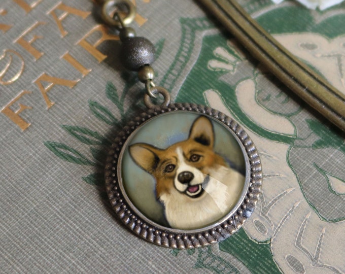 Corgi Dog Glass Cabochon Brass Book Hook / Bookmark