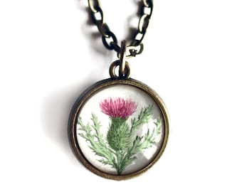 Scottish Thistle Flower Simple Reversible Cottage Core Pendant Necklace