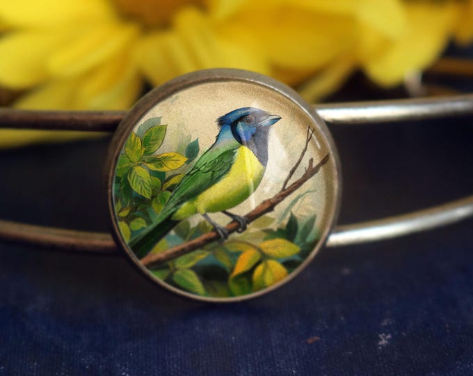 Green Jay Glass Cabochon and Bronze Wire Cuff Bird Bracelet