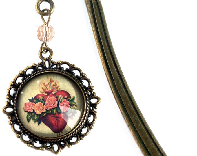 Immaculate Heart of Mary Glass Cabochon Brass Book Hook / Bookmark