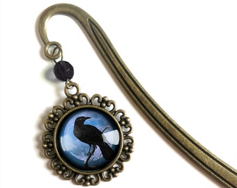 Crow or Raven on Purple Full Moon Glass Cabochon Brass Book Hook / Bookmark