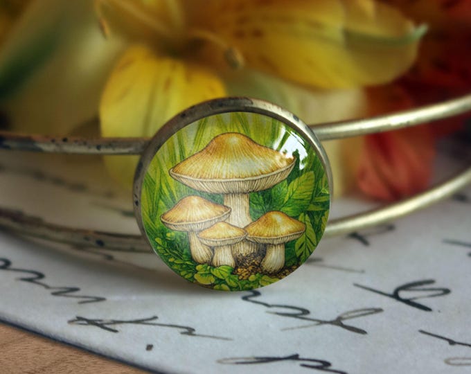 Honey Mushrooms Brass and Glass Cabochon Wire Cuff Cottagecore Bracelet