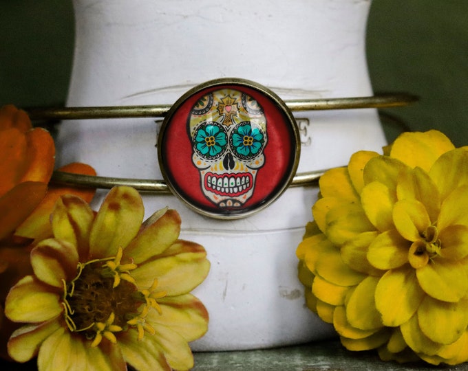 Sugar Skull Bangle, Day of the Dead Jewelry, Bronze Cuff Bracelet, Blue Eye Variation