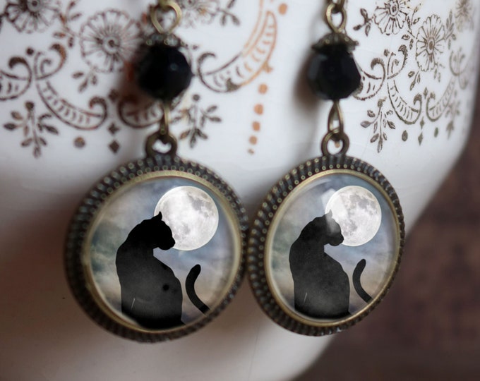Moonlit Cat Drop / Dangle Earrings Glass Cabochons with Black Glass Bead