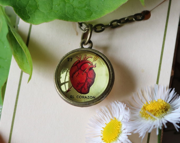 El Corazon Simple Reversible  Loteria Heart Pendant Necklace