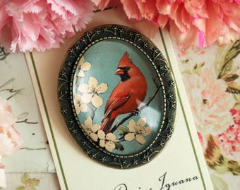 Retro Cardinal Large Oval Cottage Core Brooch