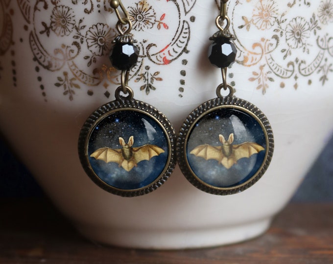 Starry Bat Drop / Dangle Earrings Glass Cabochons with Black Glass Bead
